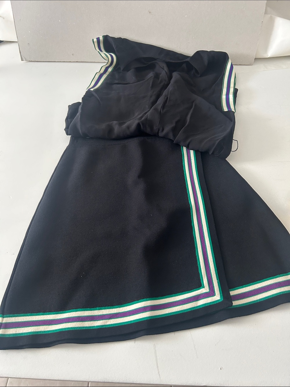 Sandro Black A-Line Skirt with Green & Purple Stripe Trim matching top